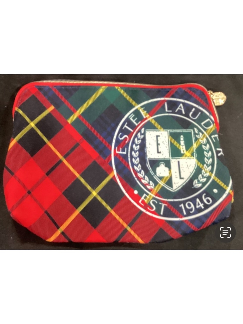 Estee Lauder Red Plaid Cosmetic Pouch with Crest